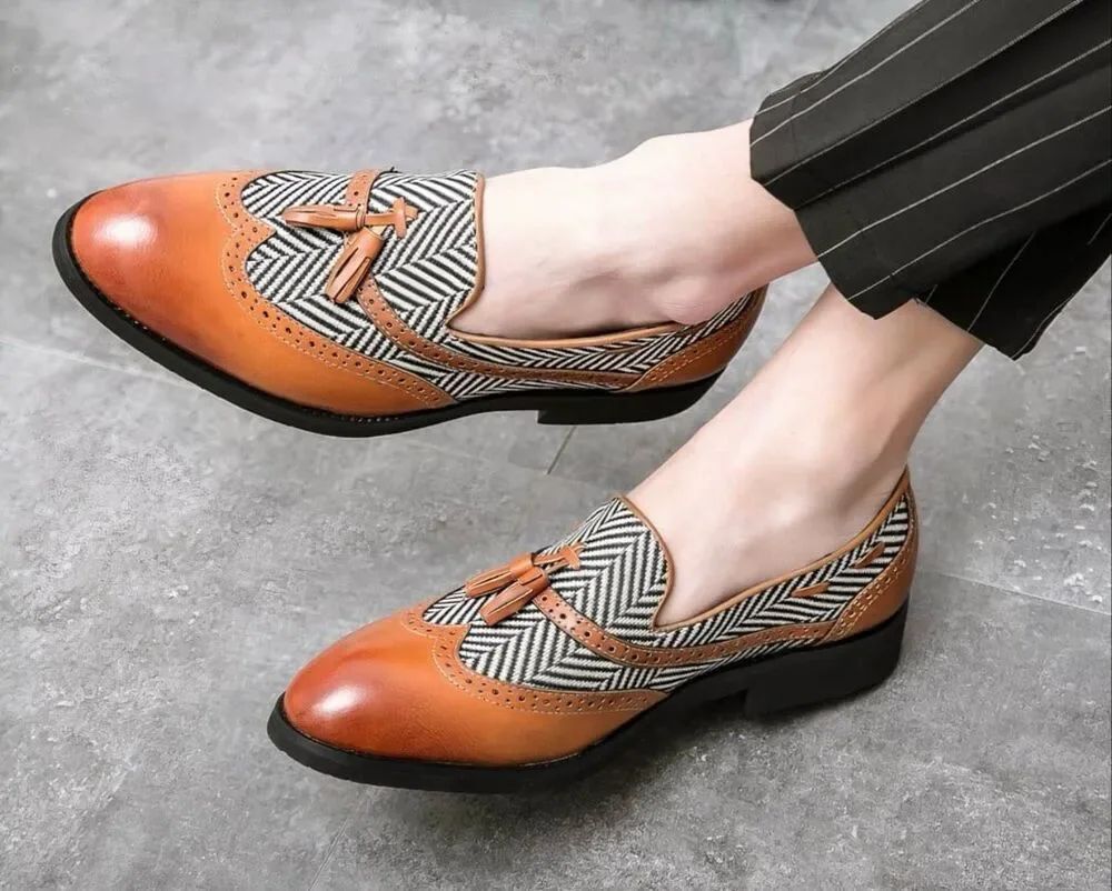Tassel loafers in synthetic leather with herringbone pattern size 36 or 5.5